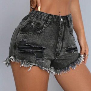 SHEIN PETITE Short en jean décontracté pour femmes avec poches et bas effiloché