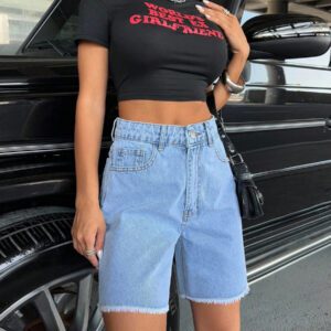 SHEIN Short en jean ample, décontracté, taille haute avec poches et ourlet à franges pour femmes