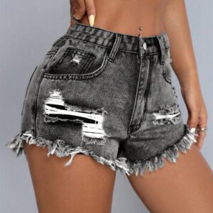 SHEIN PETITE Short en jean décontracté pour femmes avec poches et bas effiloché