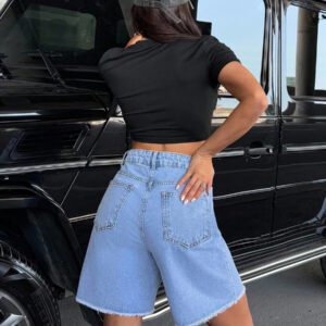 SHEIN Short en jean ample, décontracté, taille haute avec poches et ourlet à franges pour femmes