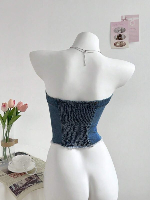 SHEIN MOD Brassière en jean ajustée à simple boutonnage, style street chic et décontracté, à bords bruts et devant ouvert, pour femme – Image 15