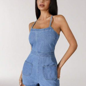 SHEIN ICON Combinaison en jean dos nu avec design de nœud pour femmes, idéal pour l'été