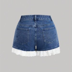 SHEIN PETITE Short en jean ample pour femmes, décontracté pour l'été, avec bloc de couleur, broderie au bas et maille
