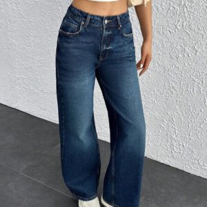SHEIN Jeans décontractés à taille basse, lavés, avec poches inclinées et jambe large