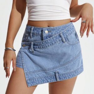 SHEIN PETITE Short en denim asymétrique de style portefeuille bleu pour femmes, mode d'été