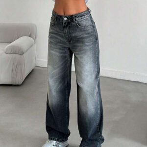 SHEIN Jean en denim délavé gris taille haute ample et casual