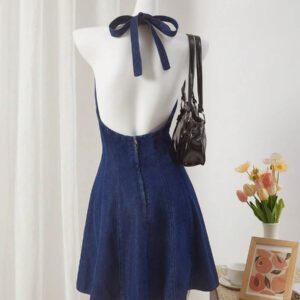 SHEIN MOD Robe en jean sexy à col en V profond avec lien pour femmes, robe courte d'été pour femmes
