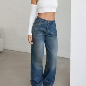 SHEIN Jean à taille mi-haute et jambe droite en coton 100%