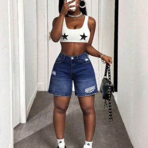 Slaydiva Short en jean déchiré avec poches pour femmes, style décontracté d'été