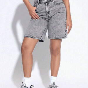 SHEIN PETITE Short en jean décontracté imprimé léopard pour femmes, été