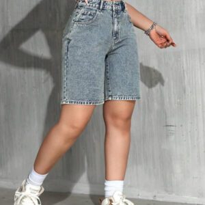 SHEIN PETITE Short en jean décontracté imprimé léopard pour femmes, été