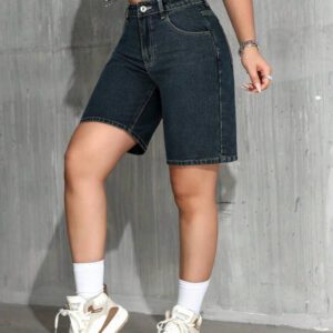 SHEIN PETITE Short en jean décontracté imprimé léopard pour femmes, été