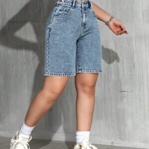 SHEIN PETITE Short en jean décontracté imprimé léopard pour femmes, été