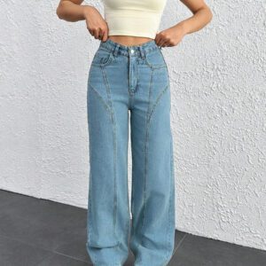 RueChic Jeans décontractés polyvalents à taille haute avec poches, jambes droites et coupe ample pour femmes
