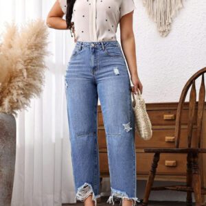 SHEIN Tall Jeans droits taille mi-haute, effilochés avec ourlet brut, longueur 7/8