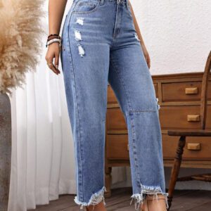 SHEIN Tall Jeans droits taille mi-haute, effilochés avec ourlet brut, longueur 7/8