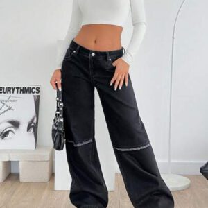 SHEIN Jeans larges décontractés à taille basse avec poches, style versatile pour femmes