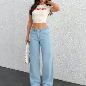 SHEIN Jean à jambes droites ample avec ceinture contrastante taille basse