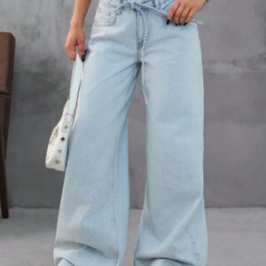 RueChic FEMMES PANTALON AMPLE À TAILLE BASSE JAMBE LARGE STONE WASH BLEU CLAIR