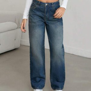 SHEIN Jean à taille mi-haute et jambe droite en coton 100%