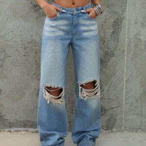 SHEIN Jean droit délavé, déchiré et taille basse