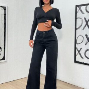 SHEIN Jeans amples à taille haute et jambes larges avec poches, polyvalents et décontractés pour femmes