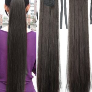 Extension de queue de cheval synthétique droite brun foncé de 18 à 34 pouces de longueur supplémentaire pour femmes. Idéal pour le Nouvel An chinois, les festivals de musique, les fêtes, le cosplay, les vacances et l'utilisation quotidienne