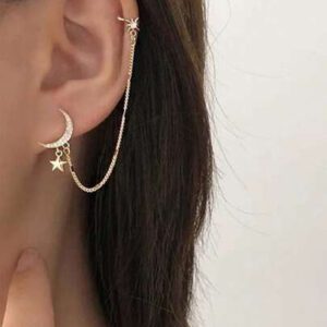Boucle D'oreille De Style Chaîne Liée En Forme De Croissant De Lune Incrustée D'aiguille En Argent 925 (goujon, Clip, Manchette), 1 Pièce