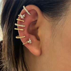 Boucle D'oreille De Style Chaîne Liée En Forme De Croissant De Lune Incrustée D'aiguille En Argent 925 (goujon, Clip, Manchette), 1 Pièce