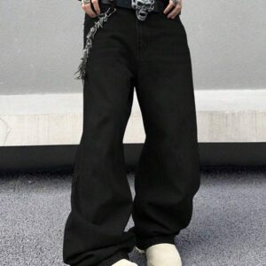 Jean ample vintage de style Y2K pour hommes, en noir avec un lavage rétro. Jambe large et droite, ample. Cadeau parfait pour le mari ou le petit ami