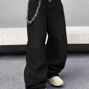 Jean ample vintage de style Y2K pour hommes, en noir avec un lavage rétro. Jambe large et droite, ample. Cadeau parfait pour le mari ou le petit ami