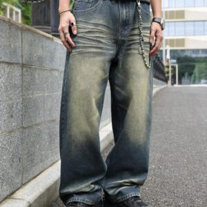 Jean ample vintage de style Y2K pour hommes, en noir avec un lavage rétro. Jambe large et droite, ample. Cadeau parfait pour le mari ou le petit ami