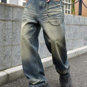 Jean ample vintage de style Y2K pour hommes, en noir avec un lavage rétro. Jambe large et droite, ample. Cadeau parfait pour le mari ou le petit ami