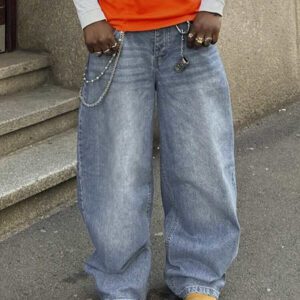 Jean ample vintage de style Y2K pour hommes, en noir avec un lavage rétro. Jambe large et droite, ample. Cadeau parfait pour le mari ou le petit ami
