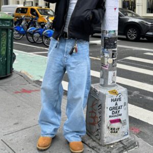 Jeans droits à coupe ample style vintage lavé bleu clair, style emo