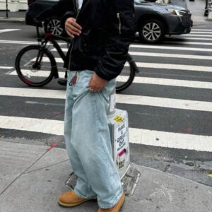 Jeans droits à coupe ample style vintage lavé bleu clair, style emo