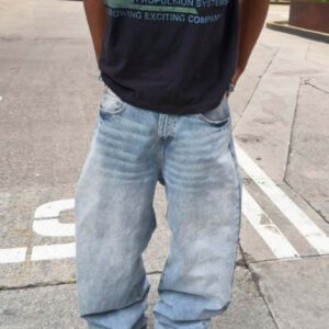 Jeans droits à coupe ample style vintage lavé bleu clair, style emo