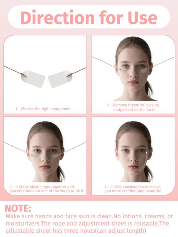 Un ensemble de rubans et bandeaux faciaux, comprenant 18 rubans faciaux invisibles, avec 4 sangles réglables, convenant pour le cou, la ligne de la mâchoire et la zone du double menton, réutilisables et sans parfum. – Image 6