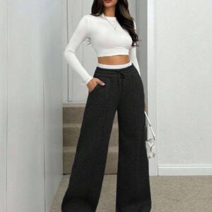 SHEIN Tall Pantalon de survêtement gris chiné à jambes larges avec détails de ceinture pour femmes Cottnline