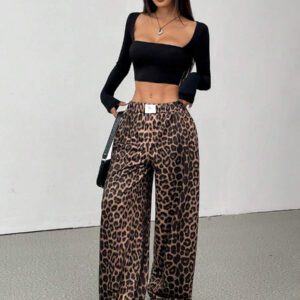 SHEIN EZwear Pantalon de survêtement ample à taille élastique avec imprimé léopard et jambes larges pour femmes