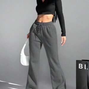 SHEIN EZwear Pantalon évasé décontracté et quotidien pour femmes, unicolore de couleur unie avec cordon de serrage