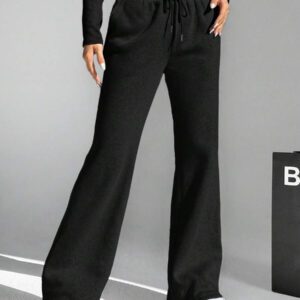 SHEIN EZwear Pantalon évasé décontracté et quotidien pour femmes, unicolore de couleur unie avec cordon de serrage