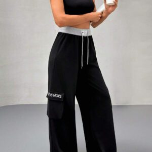 SHEIN Femmes, Automne, Longueur longue, Confortable, Couleurs contrastées, Coupe regular, Pantalon de survêtement, Broderie, Poche, Cordon de serrage