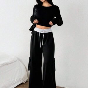 SHEIN Femmes, Automne, Longueur longue, Confortable, Couleurs contrastées, Coupe regular, Pantalon de survêtement, Broderie, Poche, Cordon de serrage