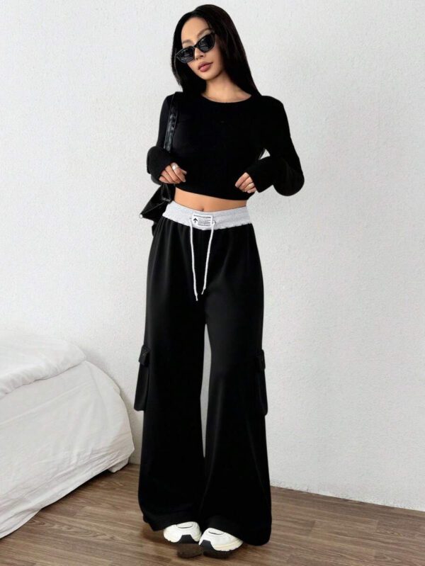 SHEIN Femmes, Automne, Longueur longue, Confortable, Couleurs contrastées, Coupe regular, Pantalon de survêtement, Broderie, Poche, Cordon de serrage – Image 5