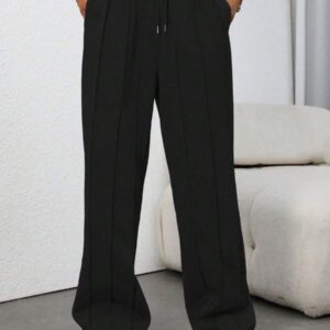 SHEIN Tall Pantalon de survêtement droit gris déchiré et patchwork pour femmes, taille avec cordon de serrage, mode et minimaliste, automne/hiver