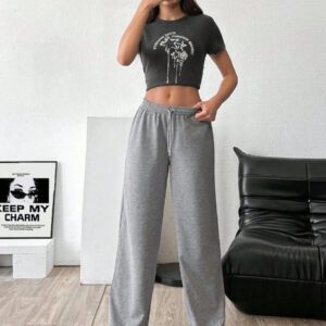 RueChic Pantalon de survêtement femme taille mi-haute jambe large