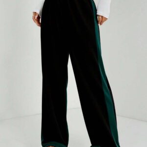 SHEIN Femmes, Automne, Pantalon de Survêtement, Noir, Vert, Ceinture Élastique avec Poches, Tissu Fin