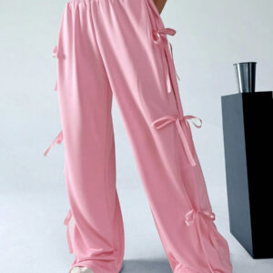 SHEIN EZwear Pantalon de jogging à la taille nouée avec nœud rose doux et charmant pour le printemps et l'été