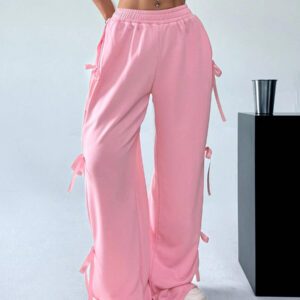 SHEIN EZwear Pantalon de jogging à la taille nouée avec nœud rose doux et charmant pour le printemps et l'été